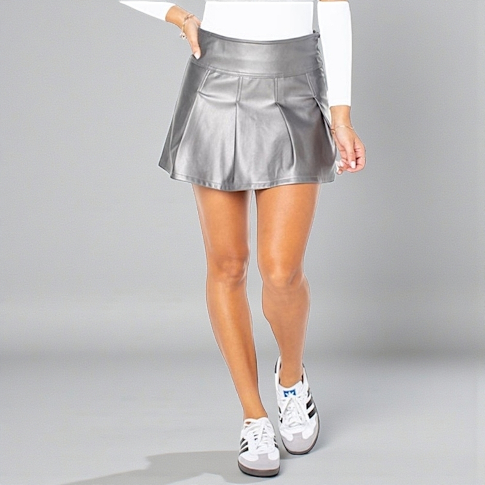 Celebrity Pink Women's Faux Leather Pleated Mini Skirt Metallic Gunmetal XL